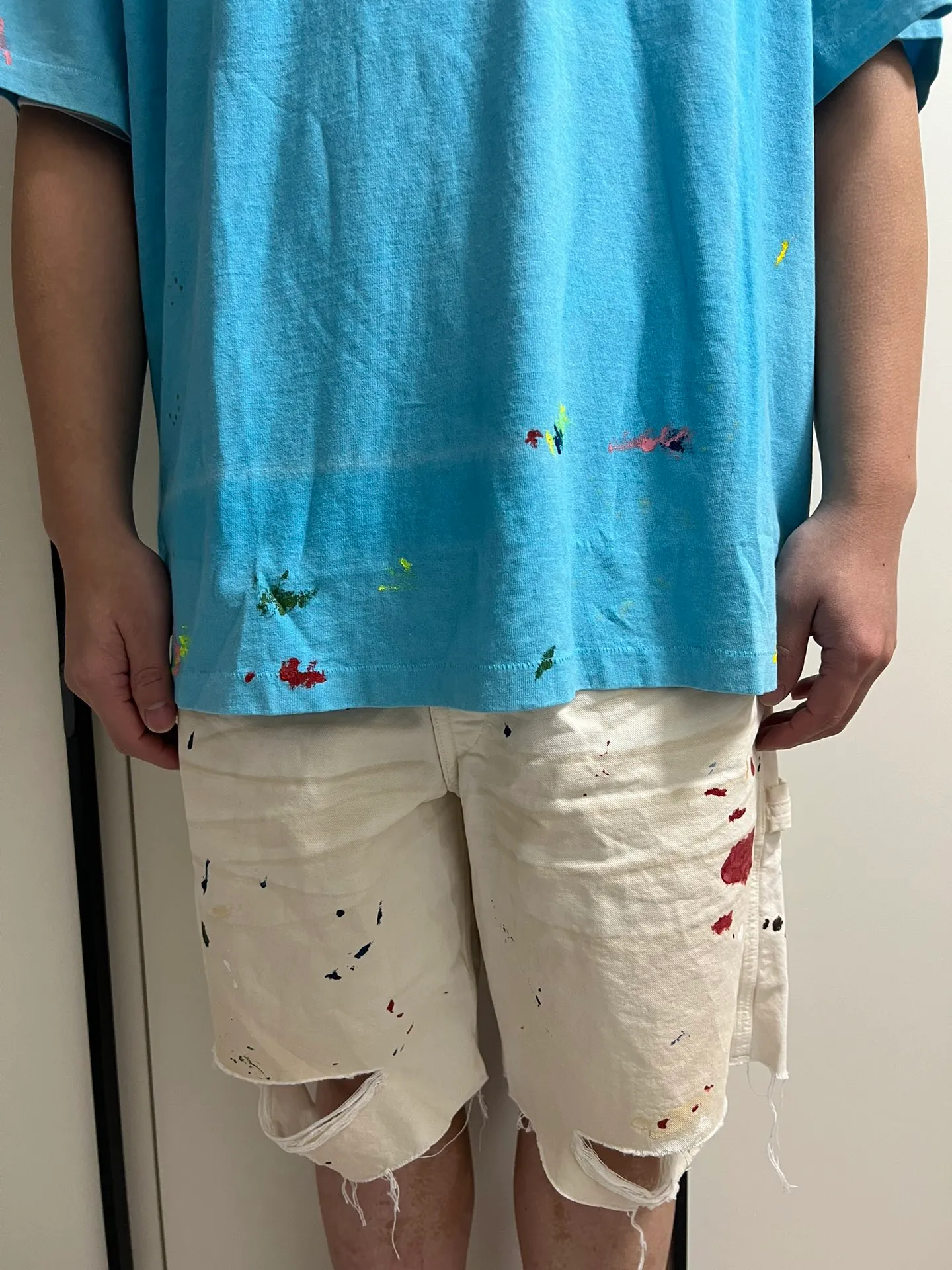GALLERY DEPT. VINTAGE LOGO PAINTED TEE/Turquoise washed and distressed VINTAGE LOGO retro English pocket short sleeves lake blue S-XL ready-to-wear dyeing, hand-sewn and smeared with horseradish and fried with salt, very heavy industry, manufacturing dark and light fading technology, hand-splashed ink graffiti, genuine acrylic material